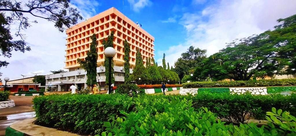 The Senate building of Ahmadu Bello University above the campus gardens